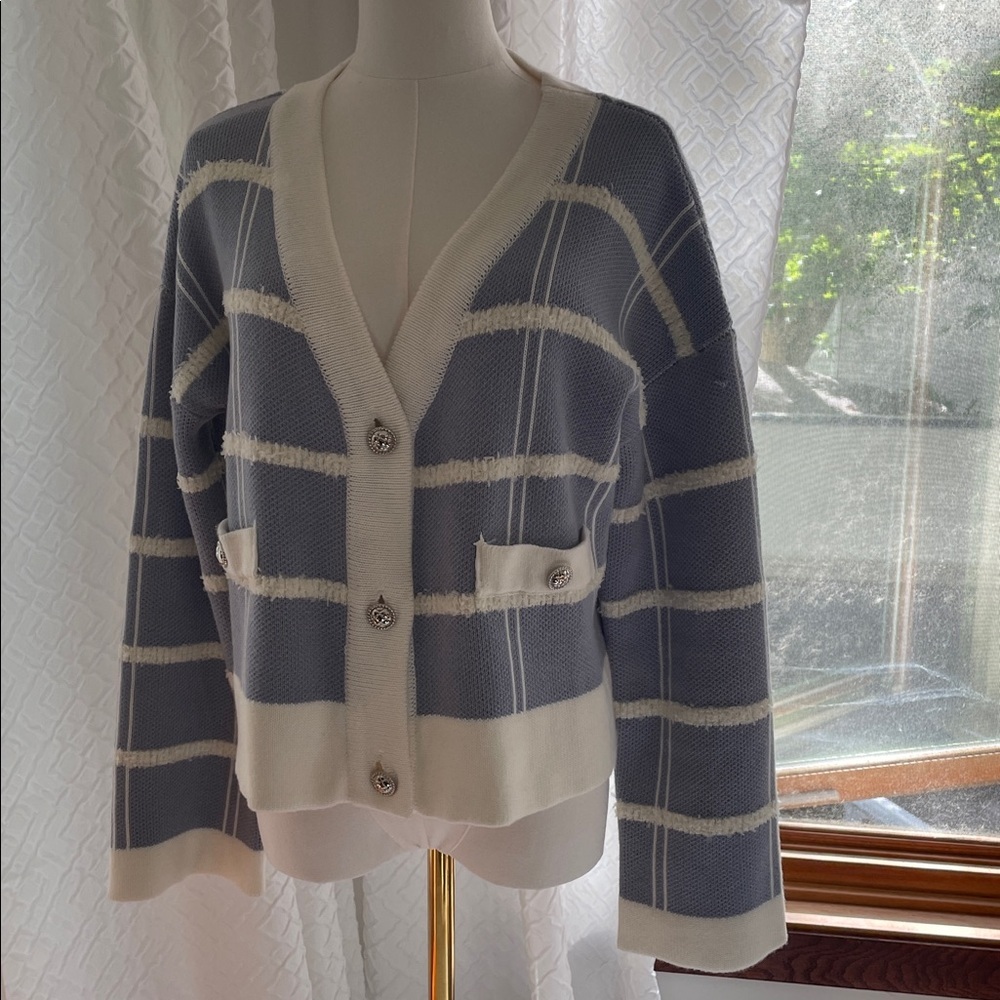 MABLE Sweater Nautical Striped Blue and White Cardigan Silver Medium Oversized - Picture 4 of 9